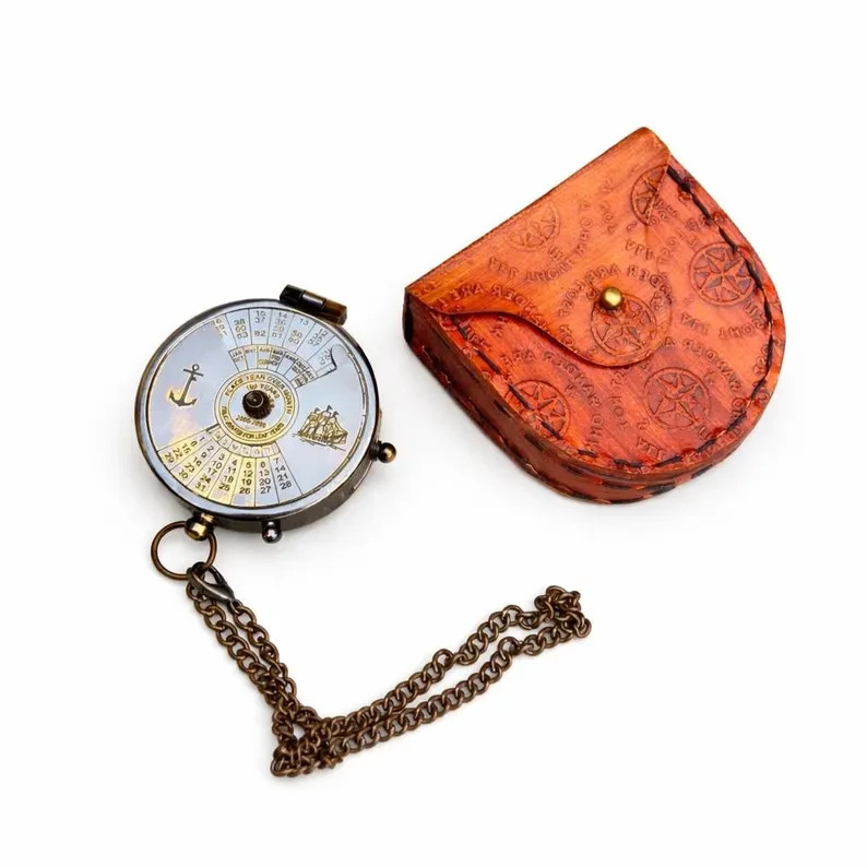 Brass Calendar Compass with Leather Case | Nautical Gift