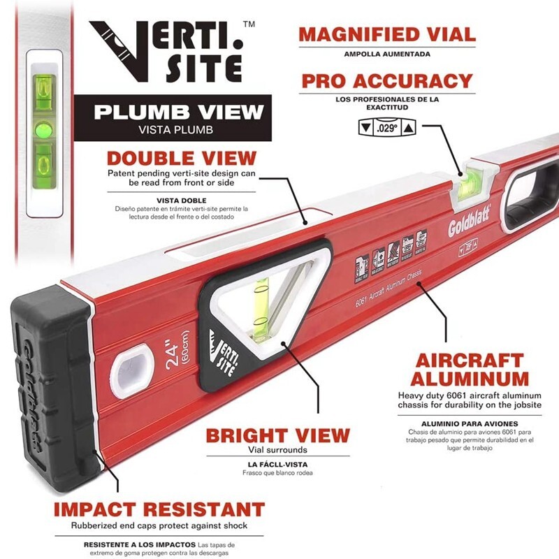 Goldblatt 3PCS Torpedo Level Set 9" 24" 48" Spirit Level Included Aluminum Alloy