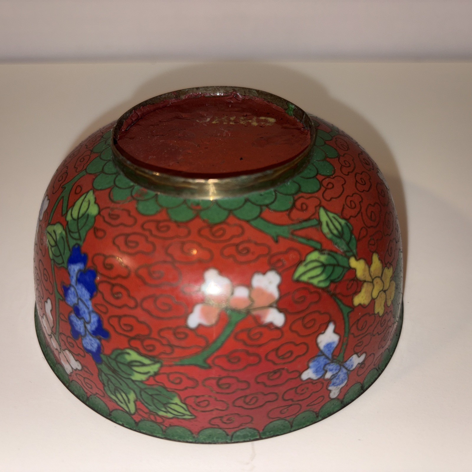 Vintage Cloisonné Enamel Bowl Maroon/green/blue China 4.5” Flowers