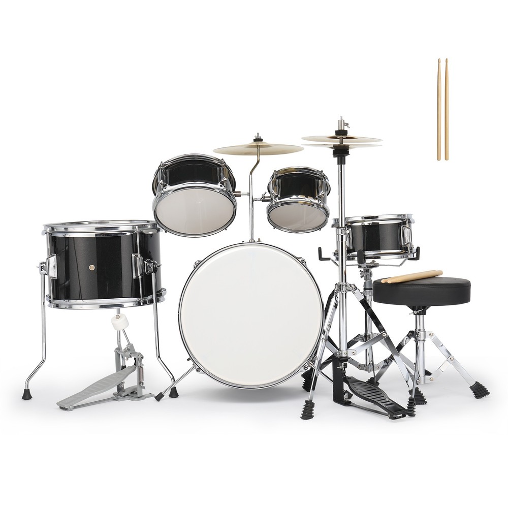 5-Piece Junior Drum Set, Beginner Percussion Kit with Stool and Stands Black