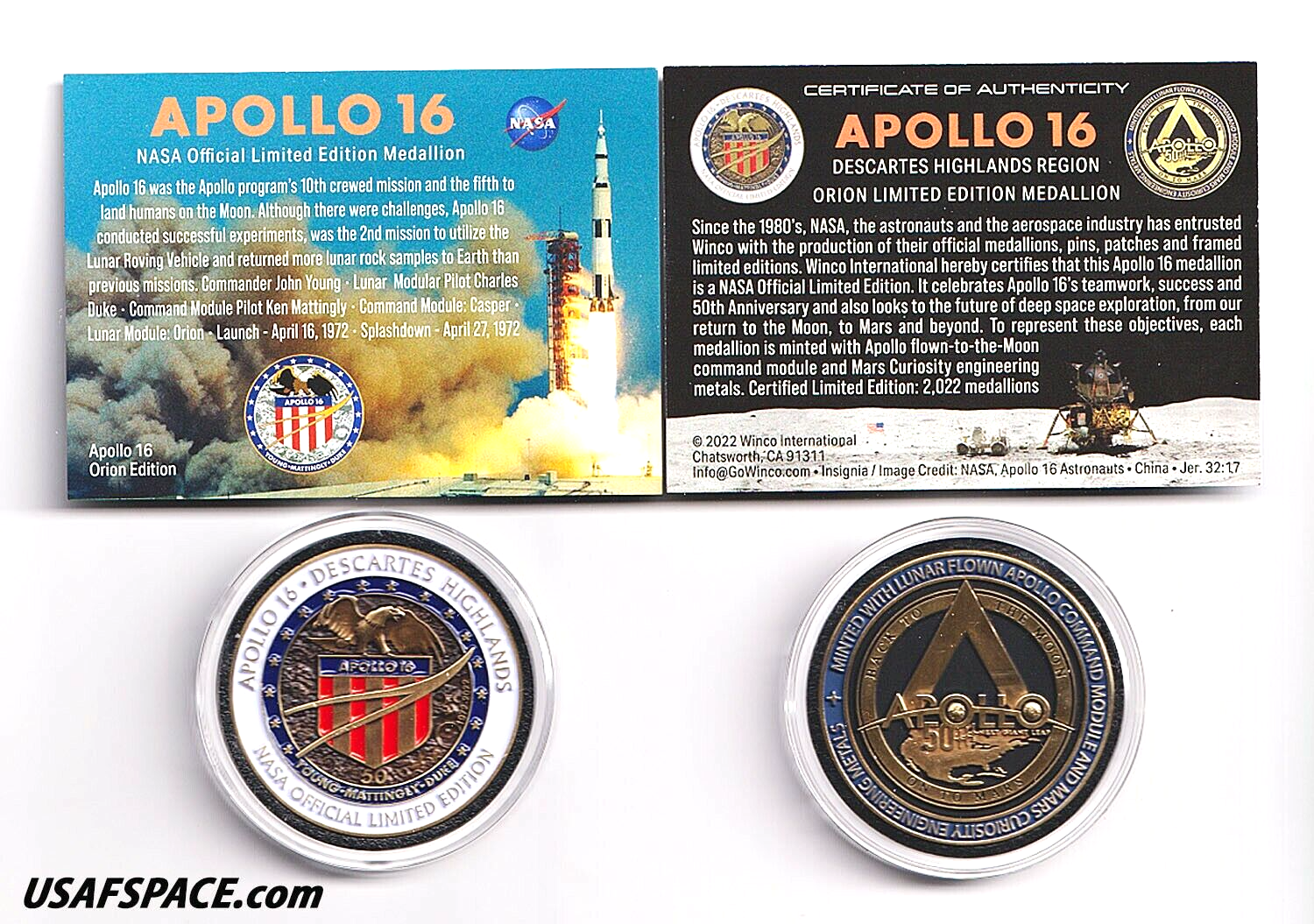APOLLO-16 -Special Edition- 50th Anniversary - LUNAR FLOWN METAL NASA MEDALLION