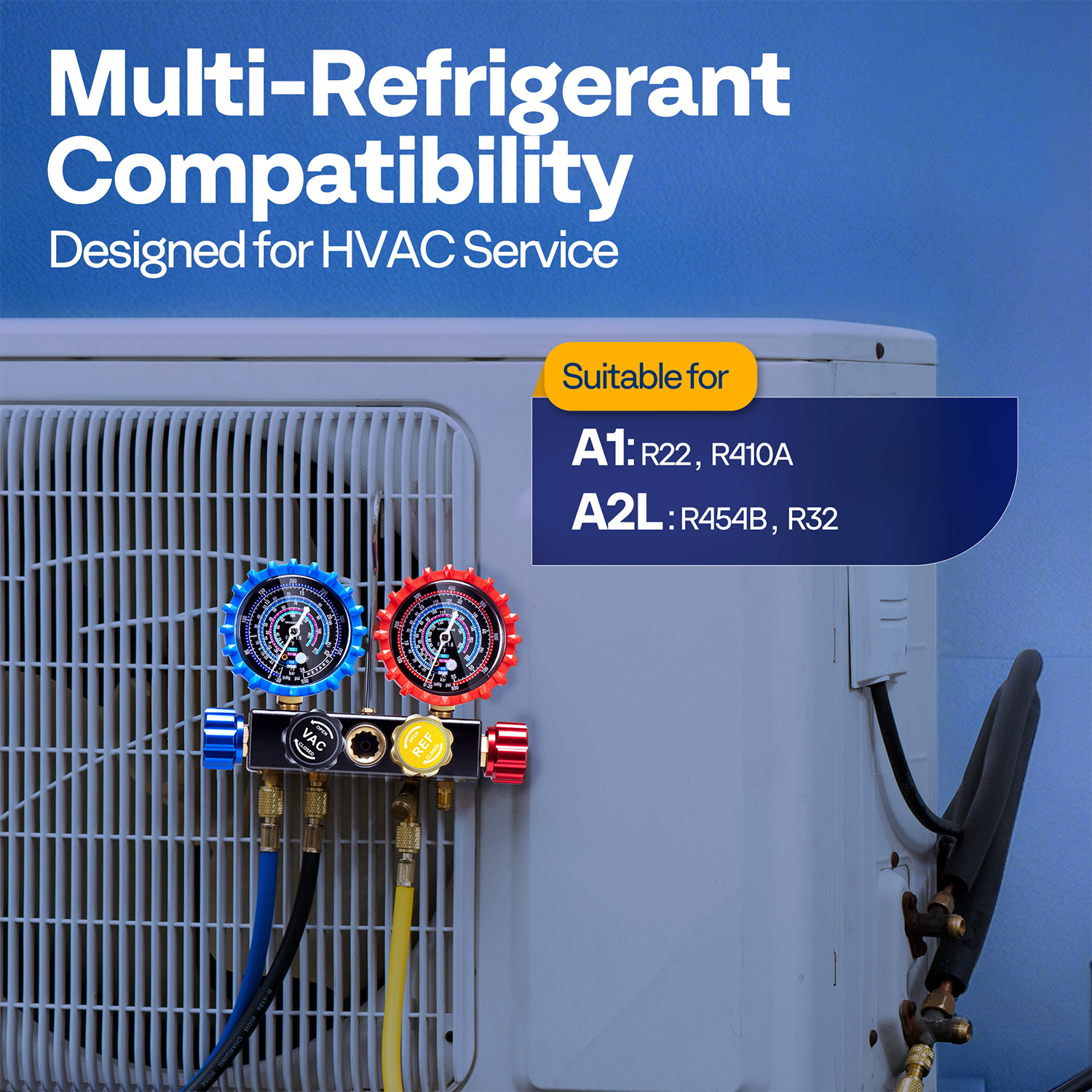 4 Valve HVAC Manifold Gauge Set R410A R454B R32 R22 AC Gauges w/ 5ft Hoses Kit