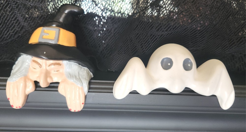 RARE Vintage 1982 Witch & Ghost Shelf Sitters, Handmade, Ceramic Bisque, EUC
