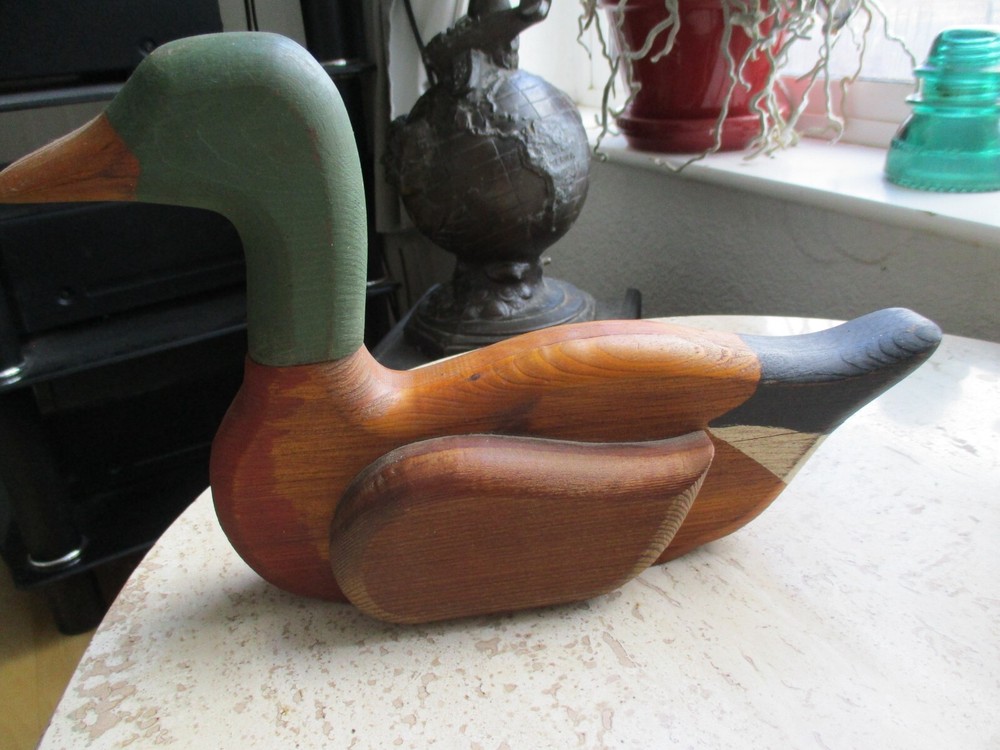 Vintage Mallard (?) duck decoy, unknown origin, signed, 11"x7"x3", primitive
