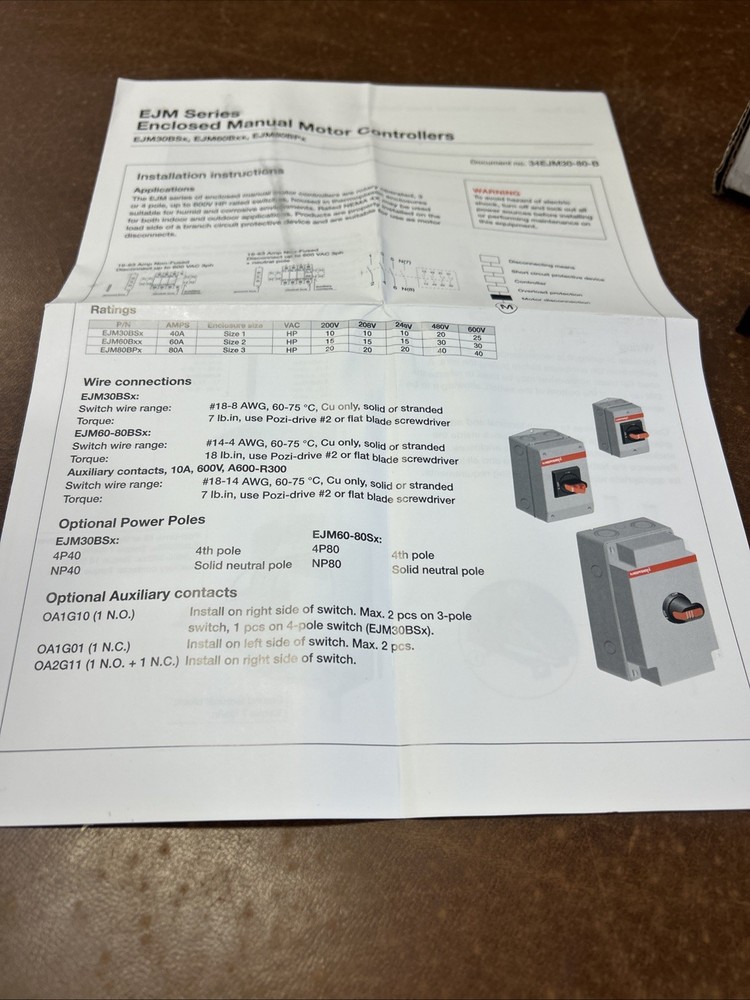 New Open Box Mersen Enclosed Manual Motor Controller EJM30BSO / E63822