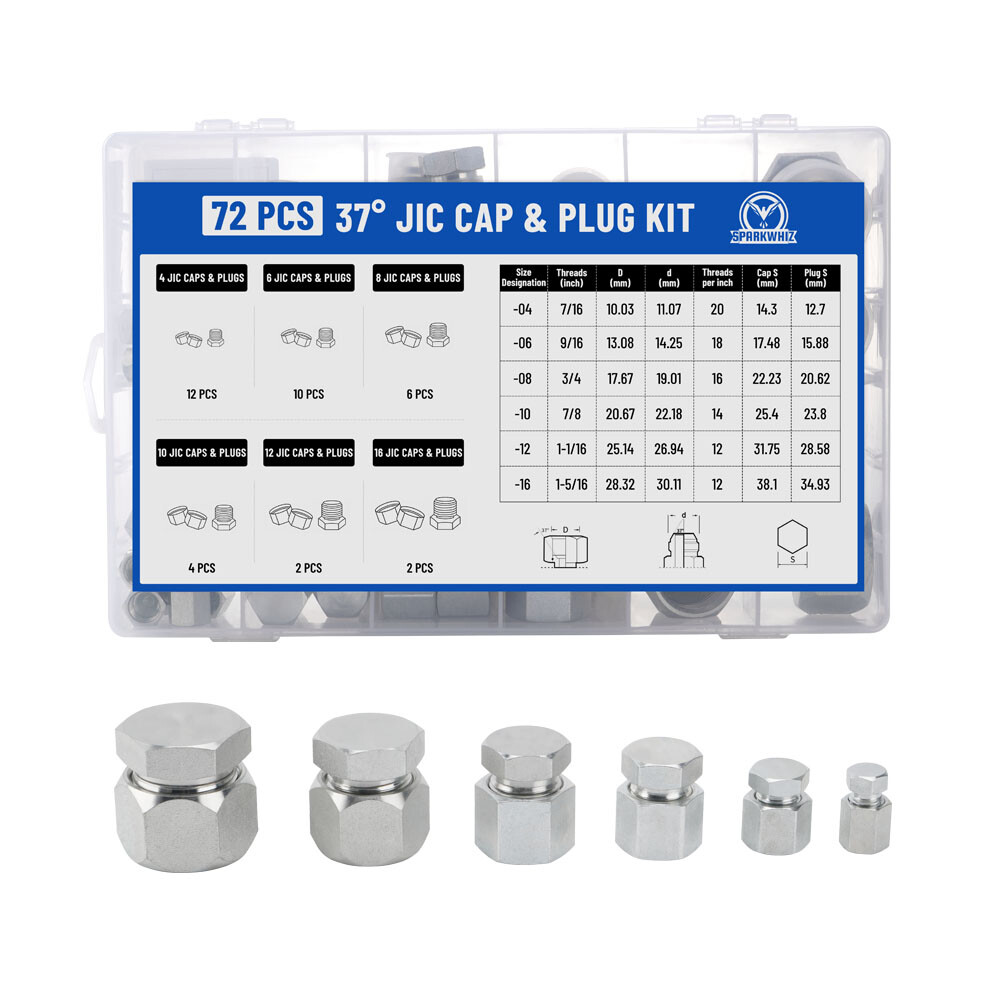 144Pcs 37° JIC & ORFS Hydraulic Cap and Plug Kit Hose Tube and Pipe Fitting Set