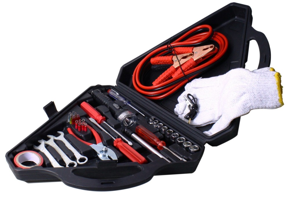 33PCS Auto Emergency Roadside Kit w Jumper Cables Tools Triangle Case