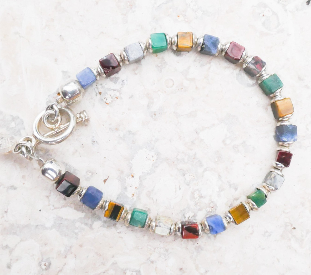 Silpada Sterling Silver Multi-Gemstone Cube Bead Bracelet 7.75" Toggle B0817