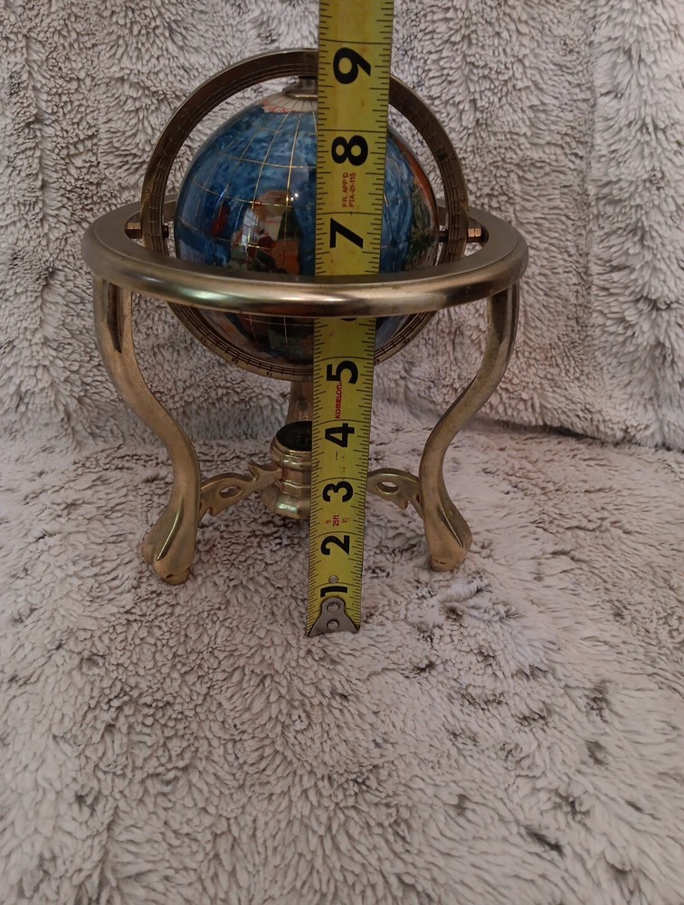 Gemstone Inlay Tabletop World Globe With Brass Frame & Compass 9" Tall