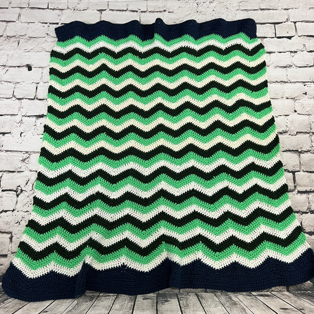 Handmade Afghan Chevron Green White Blue St. Patricks Rectangle Crochet