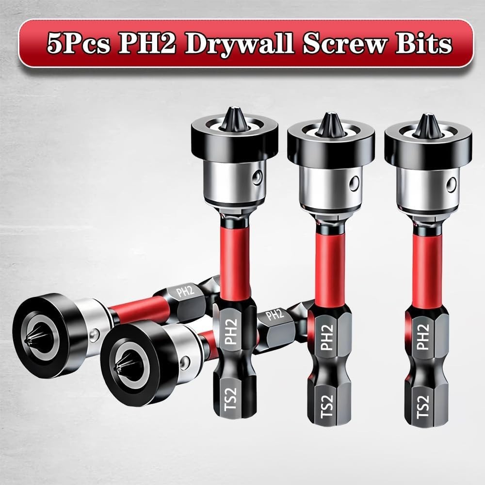 5pcs Drywall Screw Setter, Magnetic Positioning Screwdriver Bits PH2 Bits, 1/4"