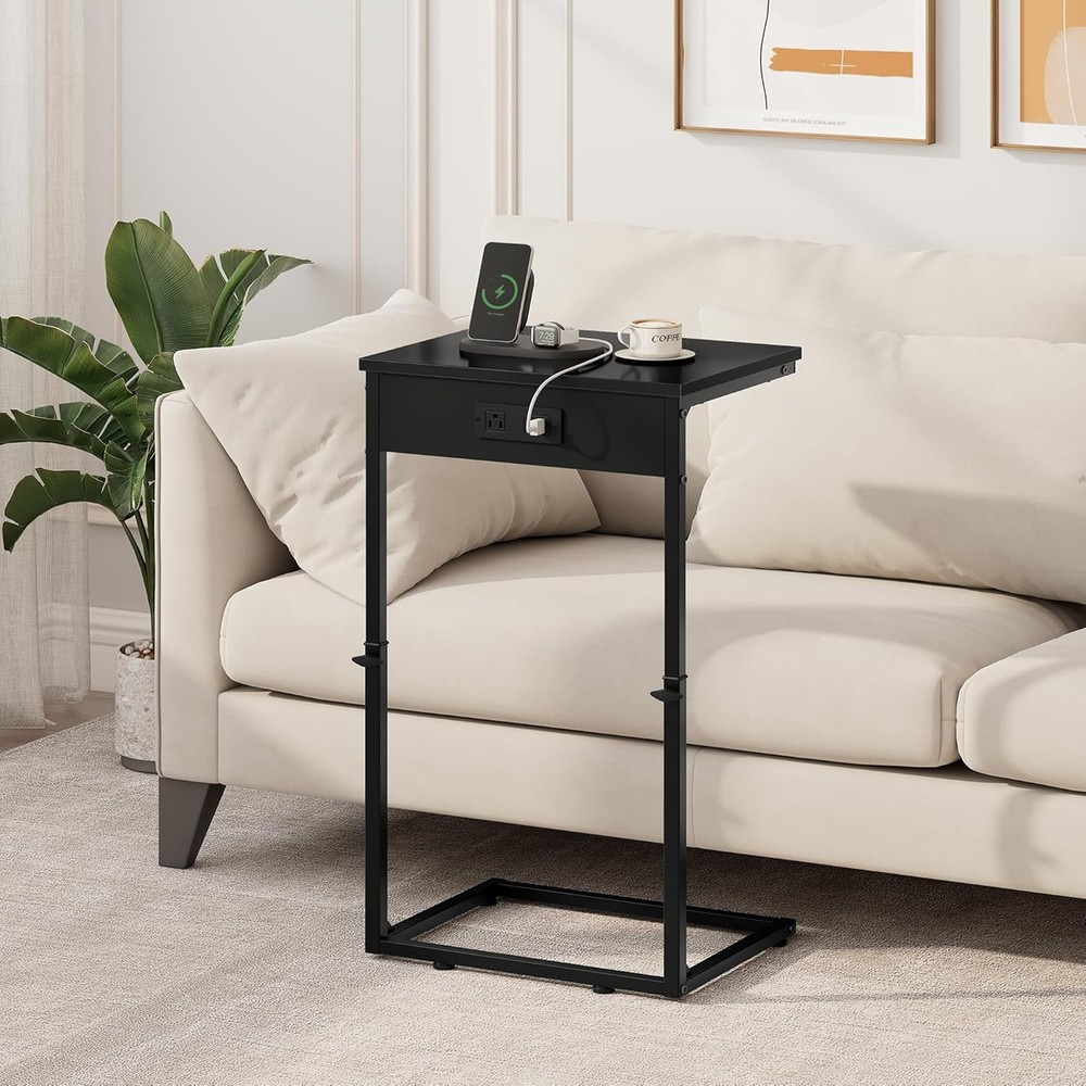 C Shaped End Table W/ Charging Station Adjustable Height Side Table Couch,Small
