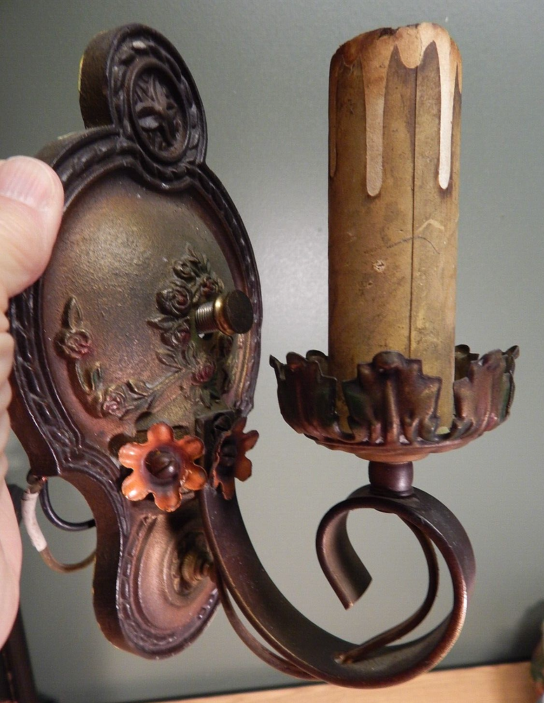 PAIR ART DECO CAST IRON WALL SCONCES POLYCHROMED ORIGINAL