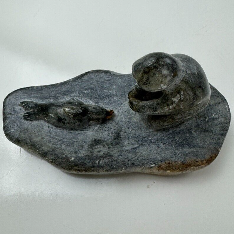 Alaskan Native Vtg Soapstone Tableau Seal & Hunter Contemporary Green Variegated