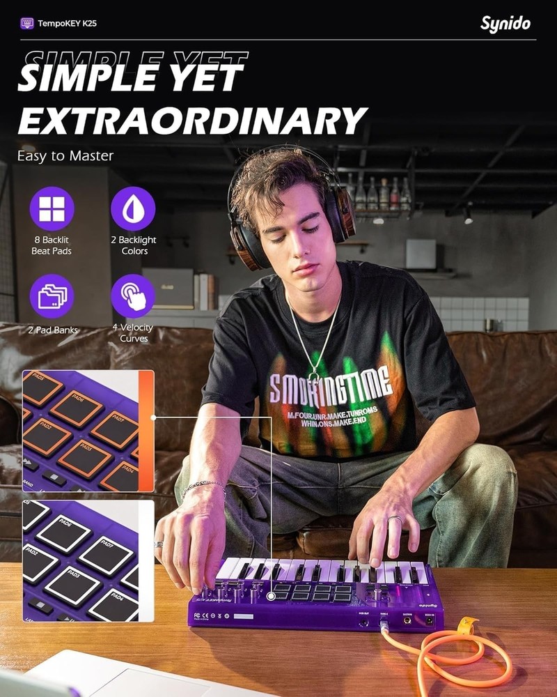 25 Key USB MIDI Keyboard Controller with Drum Pads, Professional Mini Midi Ke...