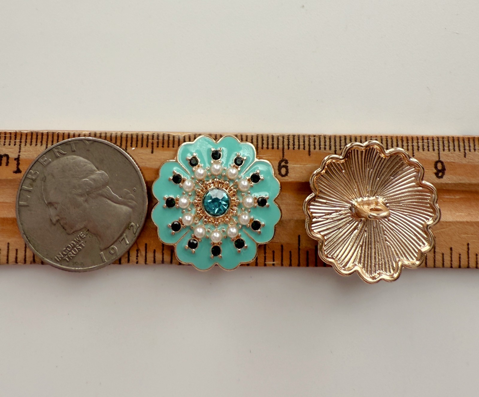 5PC Enamel Teal Green Flower Luxury Gold Metal Shank Buttons 25mm 1 Inch