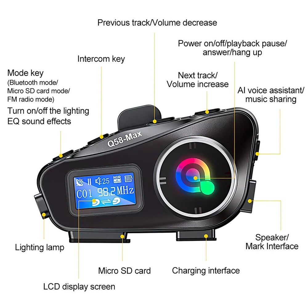 Motorcycle Intercom Helmet Bluetooth Headset support FM radio LCD Waterproof