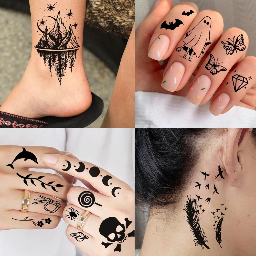 72 Sheets Realistic Mountains Temporary Tattoos For Women Men tiny, Black