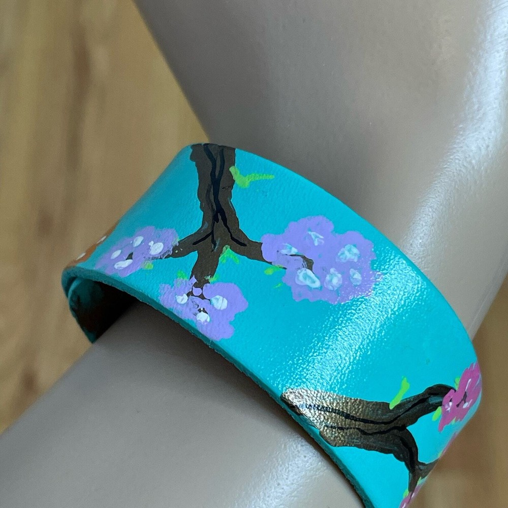 Hand painted leather adjustable bracelet cherry blossoms