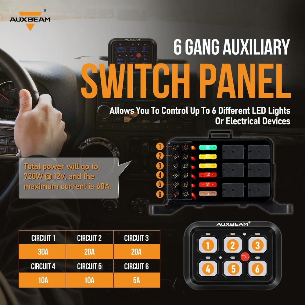 Auxbeam 6 Gang Switch Panel BC60 Universal LED Circuit Control Box Relay System