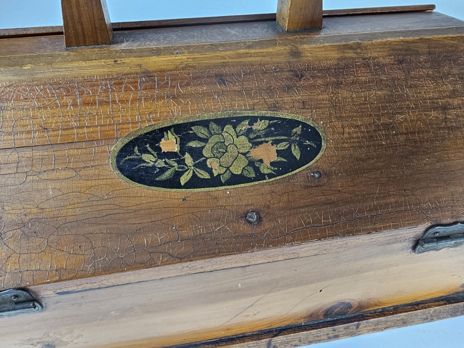 Vintage Wooden Sewing Jewelry Keepsake Box w Handle Floral Decal Craft Storage