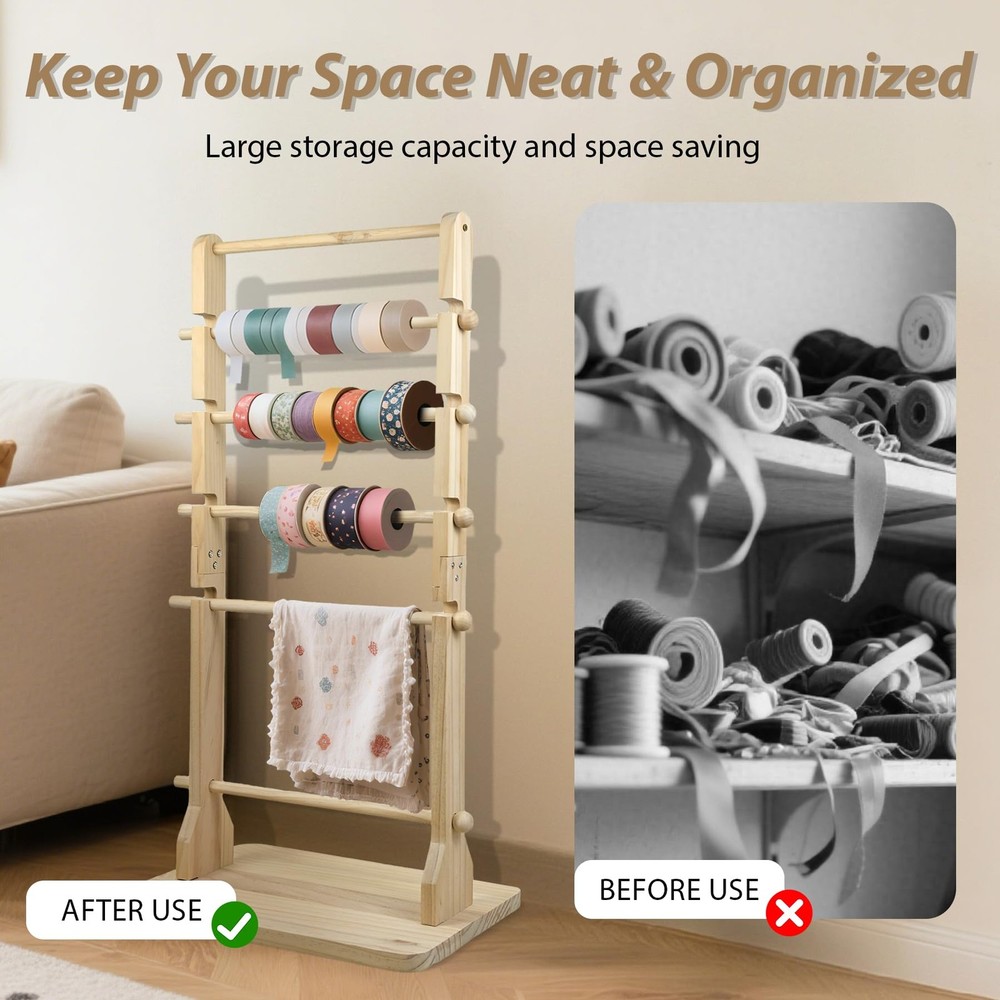 6 Tier Large Capacity Solid Wood Ribbon Storage Rack MultiSpacing Spool