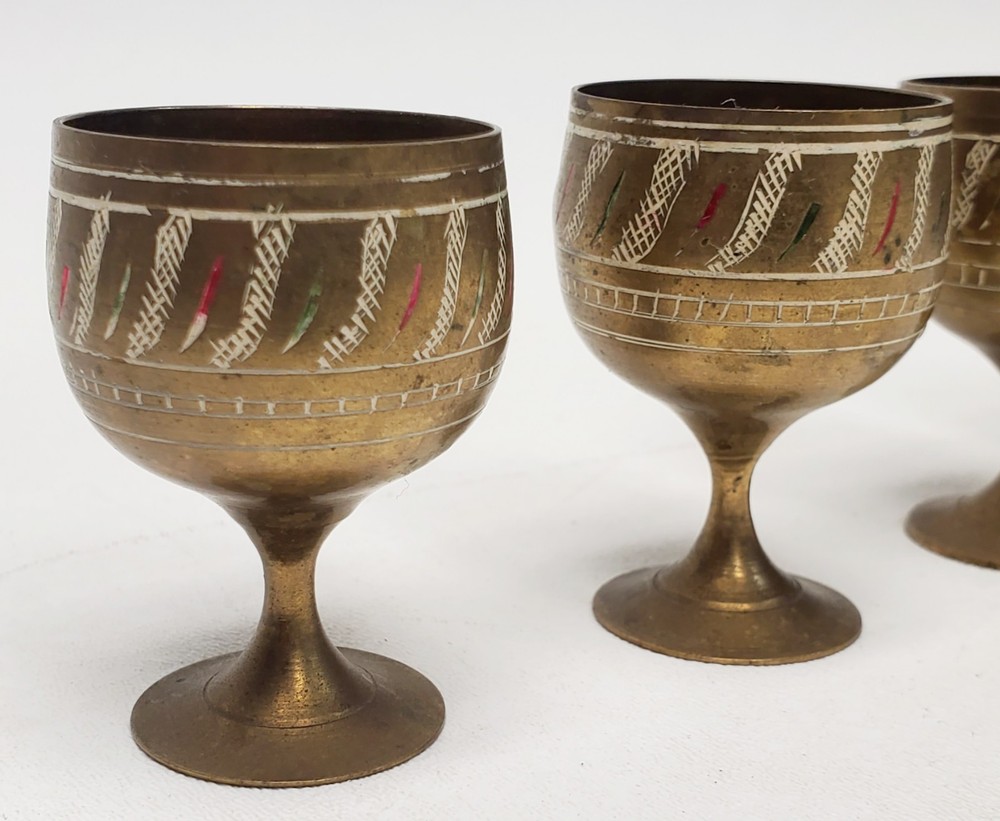 Vintage 6 pc Middle Eastern Turkish style solid brass coffee or tea pitcher cups