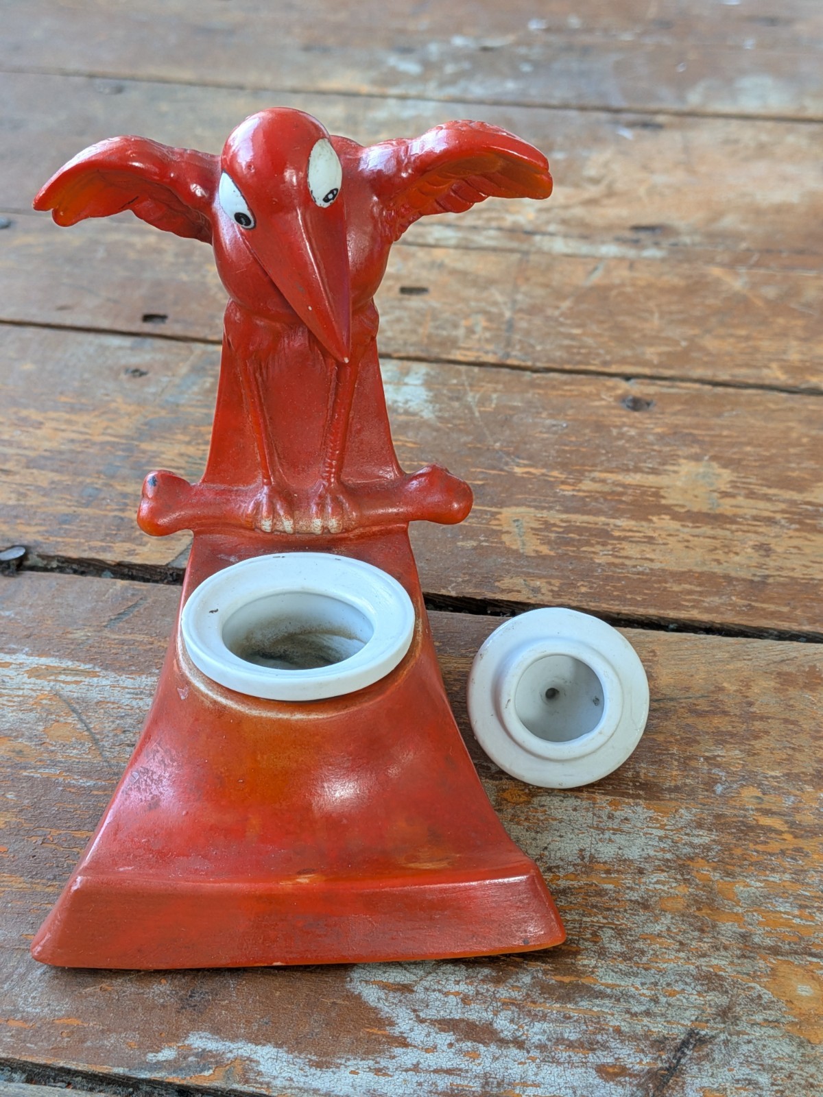 ***RARE*** Schafer Vater Vintage Halloween Red Crow w/Large Bone Ink Well Stand