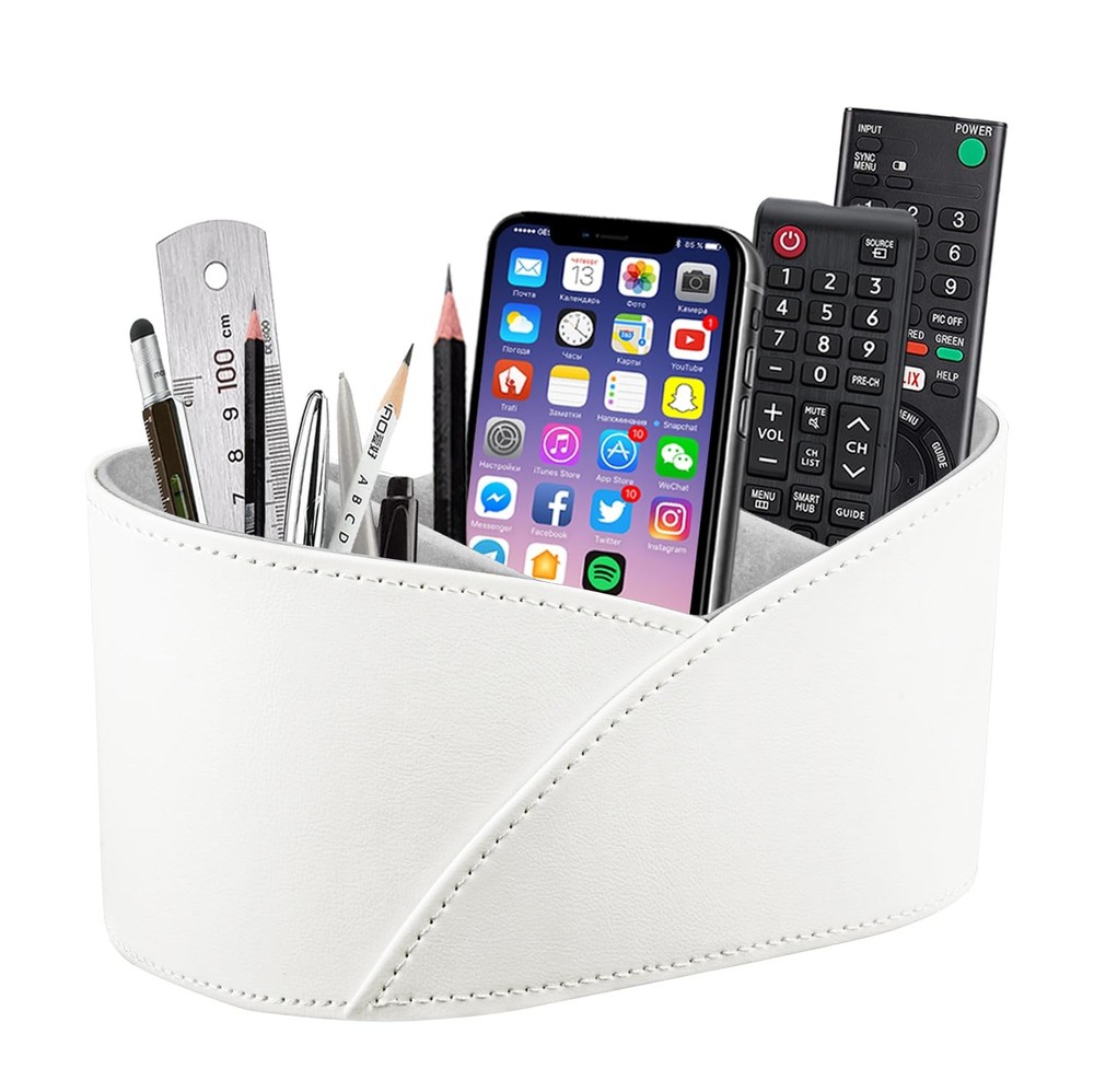 PU Leather TV Remote Control Holder with 3 Compartments, Bedside Table Remote...