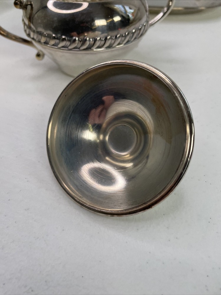 Creamer & Sugar Bowl w/ Tray Silver on Copper Silverplate Braid Rope Set 3 VTG