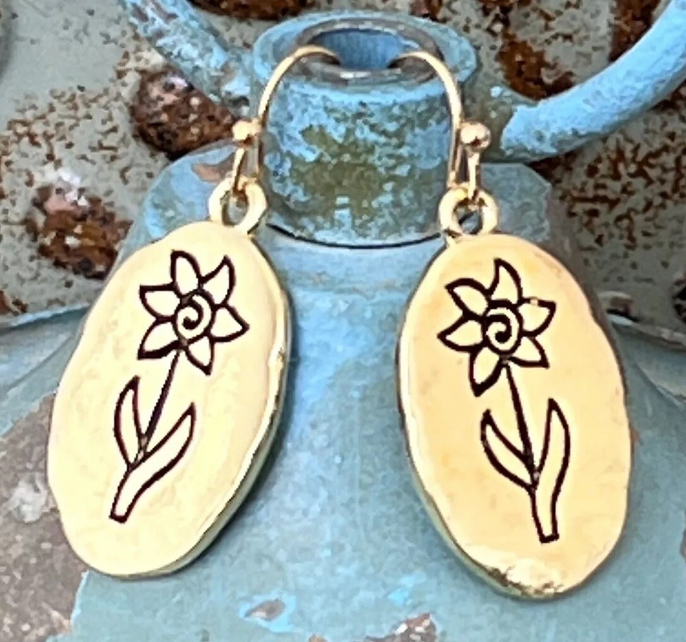 Whimsical Etched Gold Flower Earrings. Bloom.
