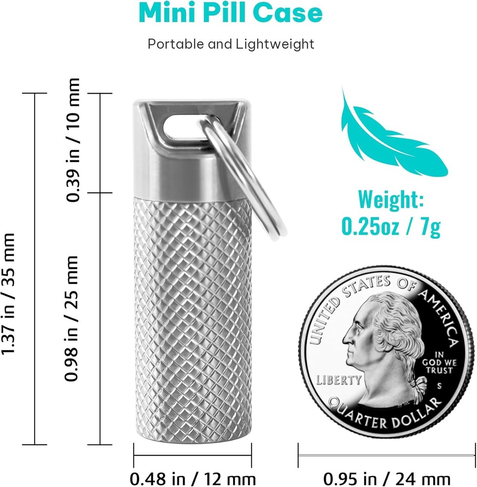 100% Waterproof Titanium Pill Box Keychain - TSA Approved, Strong Silver-mini