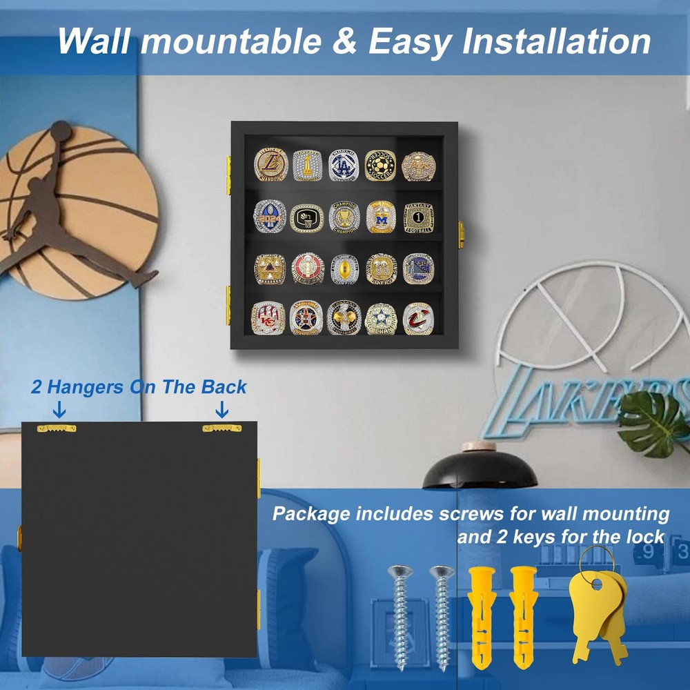 Championship Ring Display Case: Wooden Shadow Box with 20 Posts Black