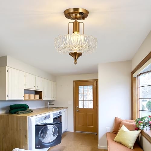 Motion Sensor Semi Flush Mount Ceiling Light Gold Hallway Light Fixture with