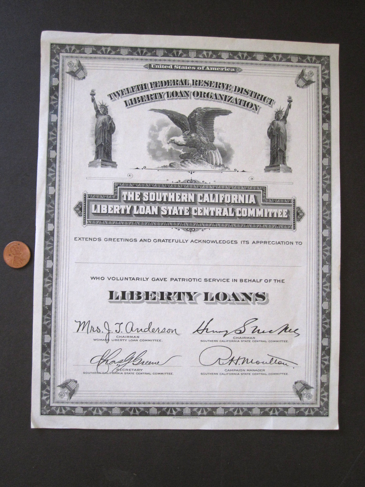 vTg 1918 WW1 Liberty Loan Committee 12th Federal Reserve District Calif certif