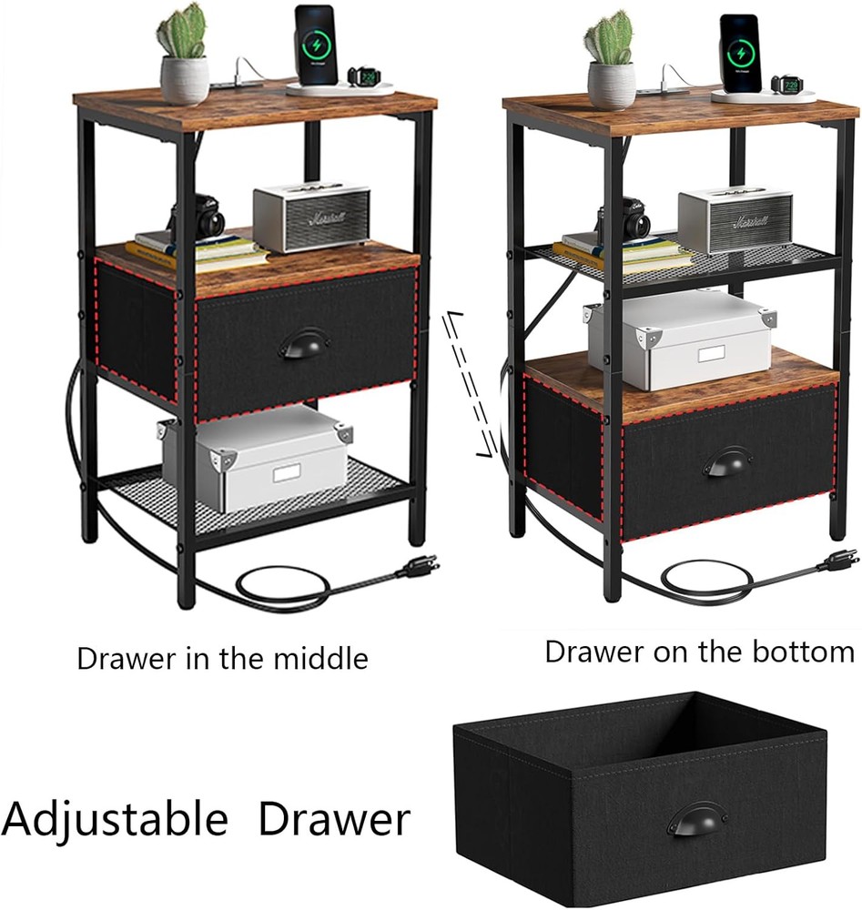 Sthmec Nightstands with Charging Station, LED Bedside Tables Rustic Brown