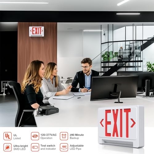 Adjustable LED Exit Sign with Emergency Light Bar, Hardwired, Battery Backup, UL