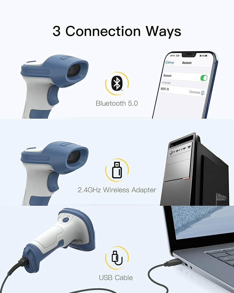 Inateck 2D Wireless Barcode Scanner 2.4Ghz GS1 Barcode Reader Gun Bluetooth 5.0