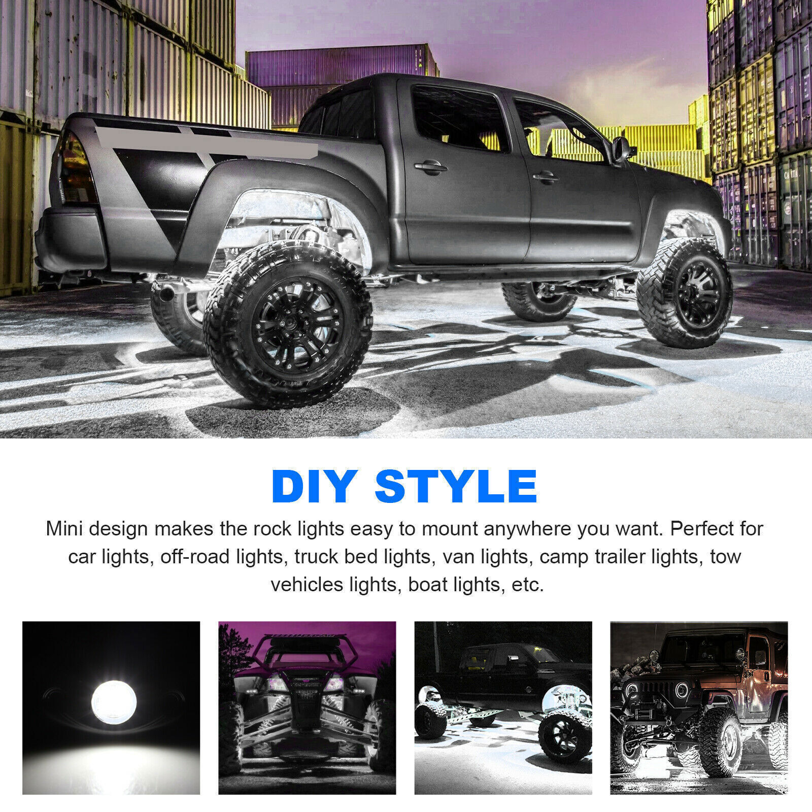 8 X LED Rock Lights White Underbody Trail Rig Glow Lamp Offroad SUV Pickup Truck