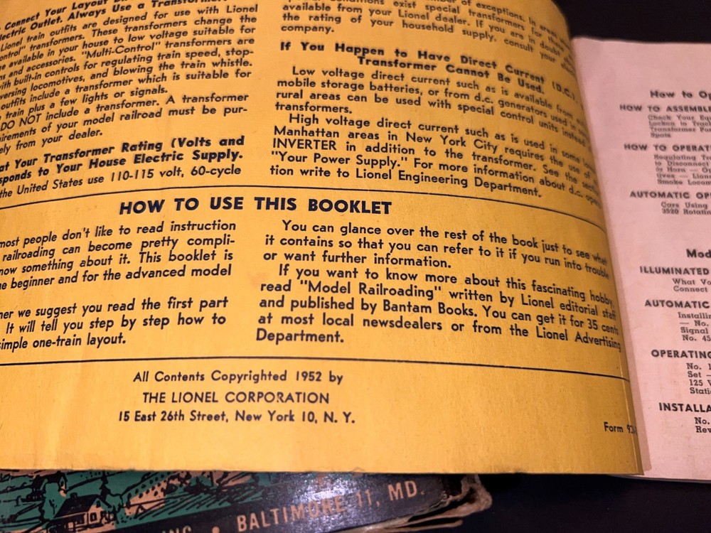 1952 Instructions For Assembling And Operating Lionel Trains & some Grass