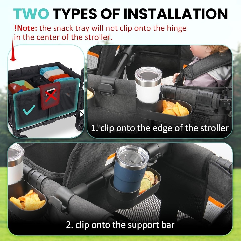 Forward-Facing Support Bar + 4-Pack Stroller Wagon Snack Tray with Spill-Proof C