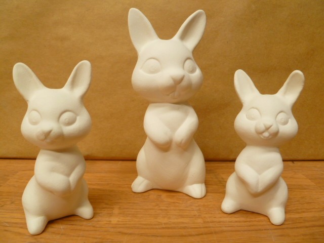 C-0666 Easter Bunnies One Large 4.5"T & two small 3.25"T Ceramic Bisque