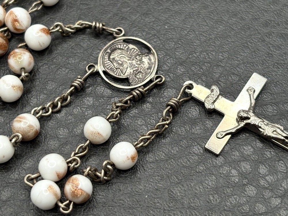 VTG AF Co Sterling Silver White Glitter Glass Catholic Rosary Beads Crucifix