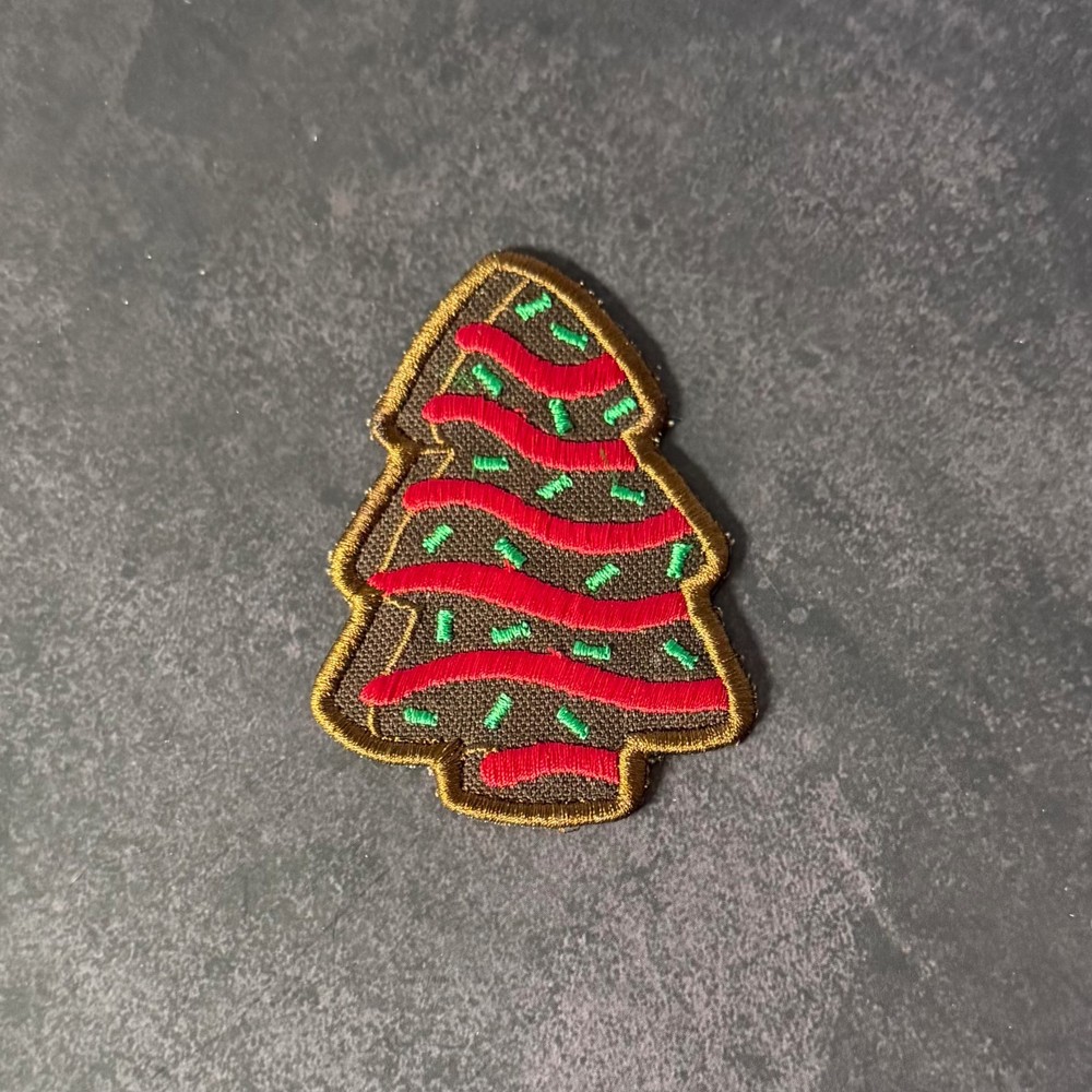 Christmas Tree Cake Funny Embroidered Brown Patch -3.5” X 2.5”, Hook & Loop Back