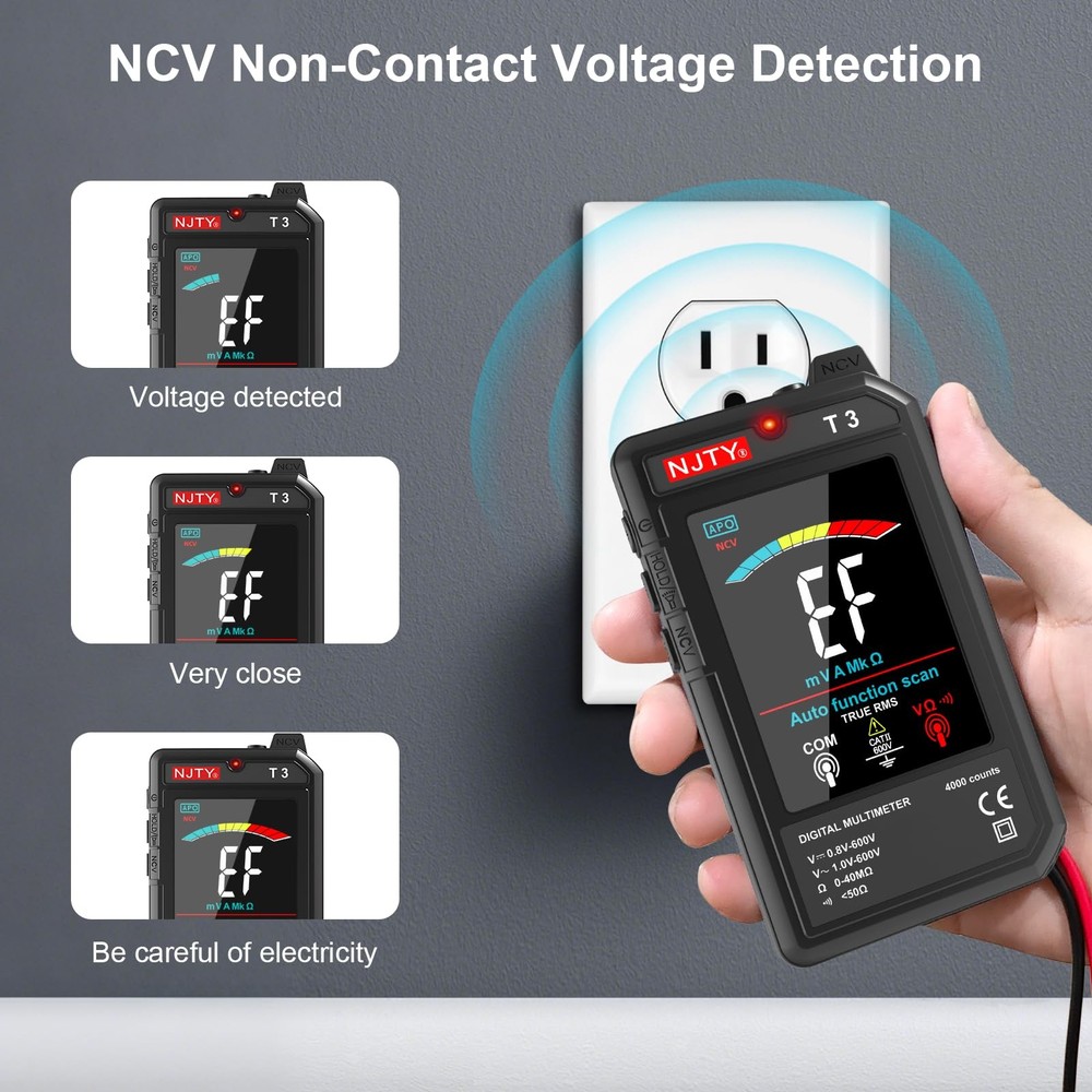 NJTY Multimeter, 4000 Counts, Rechargeable Auto-Ranging Digital Voltmeter wit...