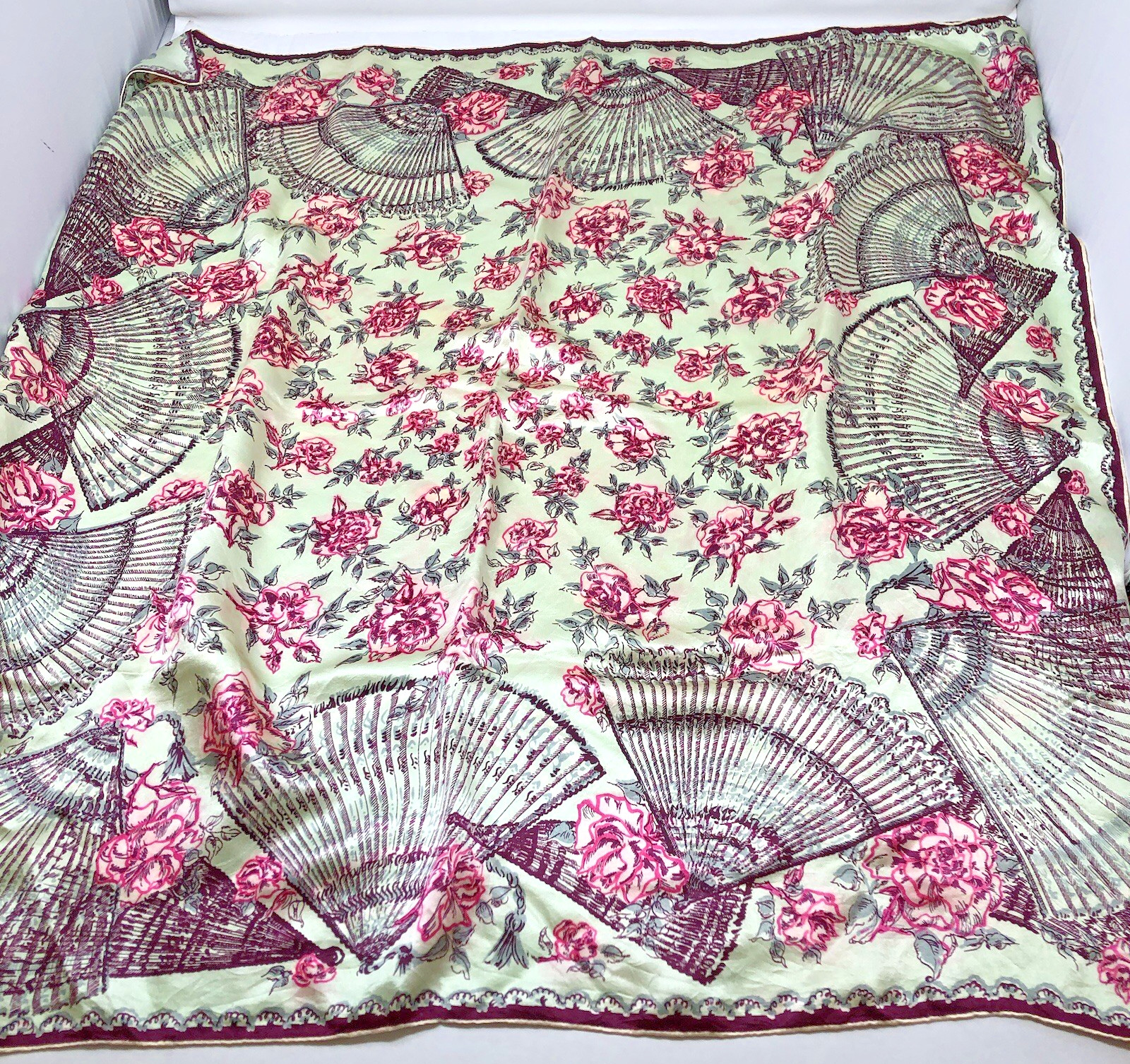 Vintage Silk Scarf Fans Flowers Satin Hand Rolled Green Pink Roses Square 33"