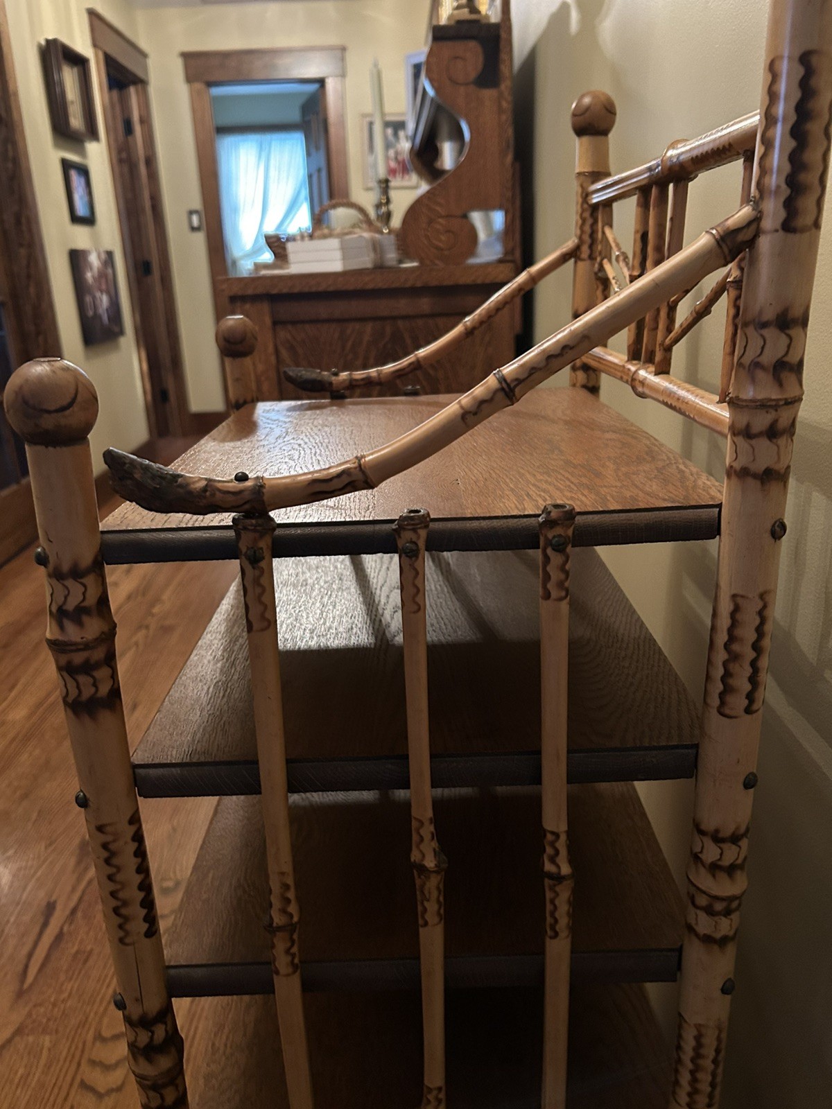 Vintage Antique Bamboo Wood Ornate Curio 7 Shelf Shelving Shelves Etagere