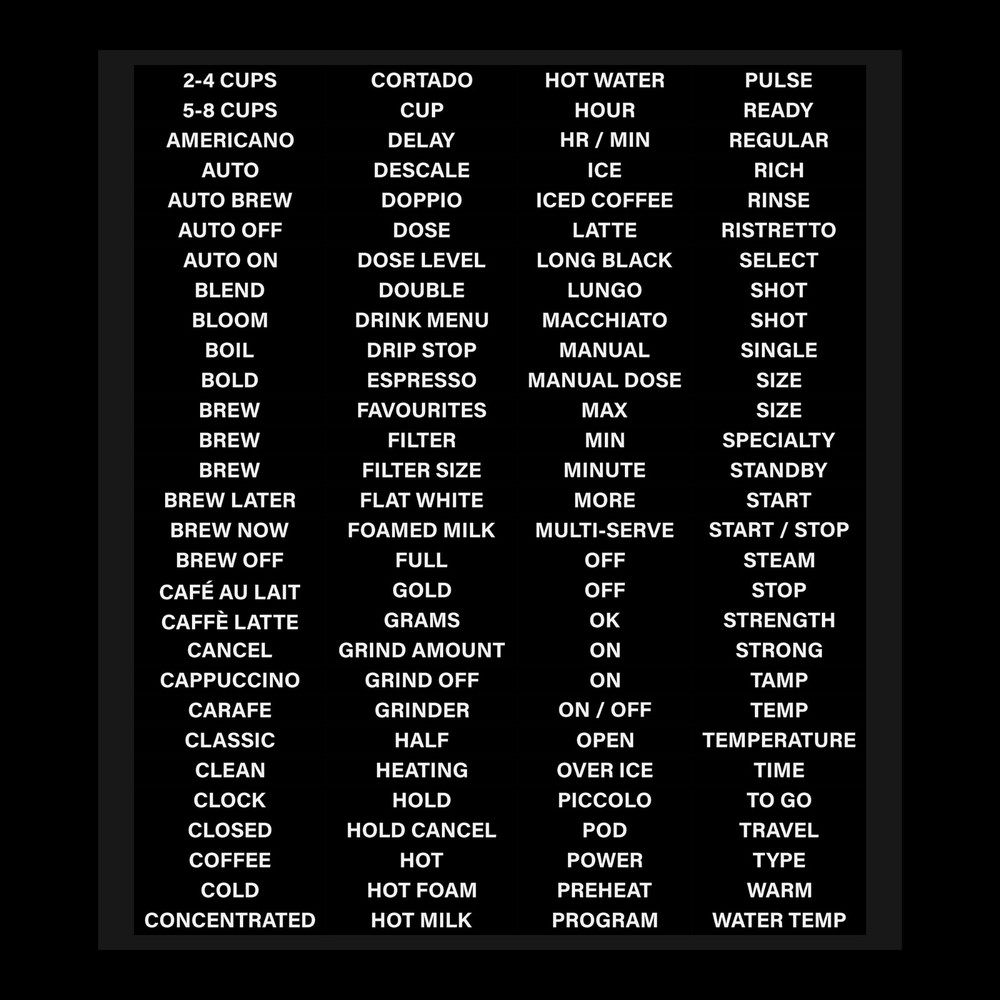 116pcs White Print Coffee Machine Function Sticker Labels Words Decal Button