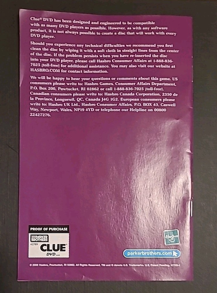 2006 Clue DVD Game - Replacement Board And Instruction Booklet