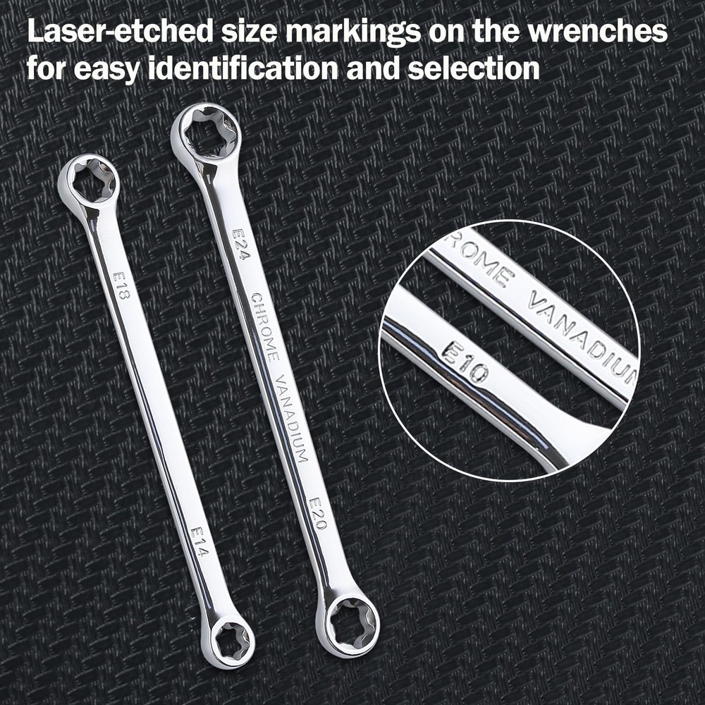 4 PCS E-Torx Wrench Set Double Box End Star Spanner E6-E24 Extra Long Tool